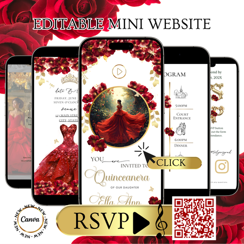 Red Quinceanera mini-Website RSVP tracker| Animated Sweet 15 16 Video Invitation | Canva Template