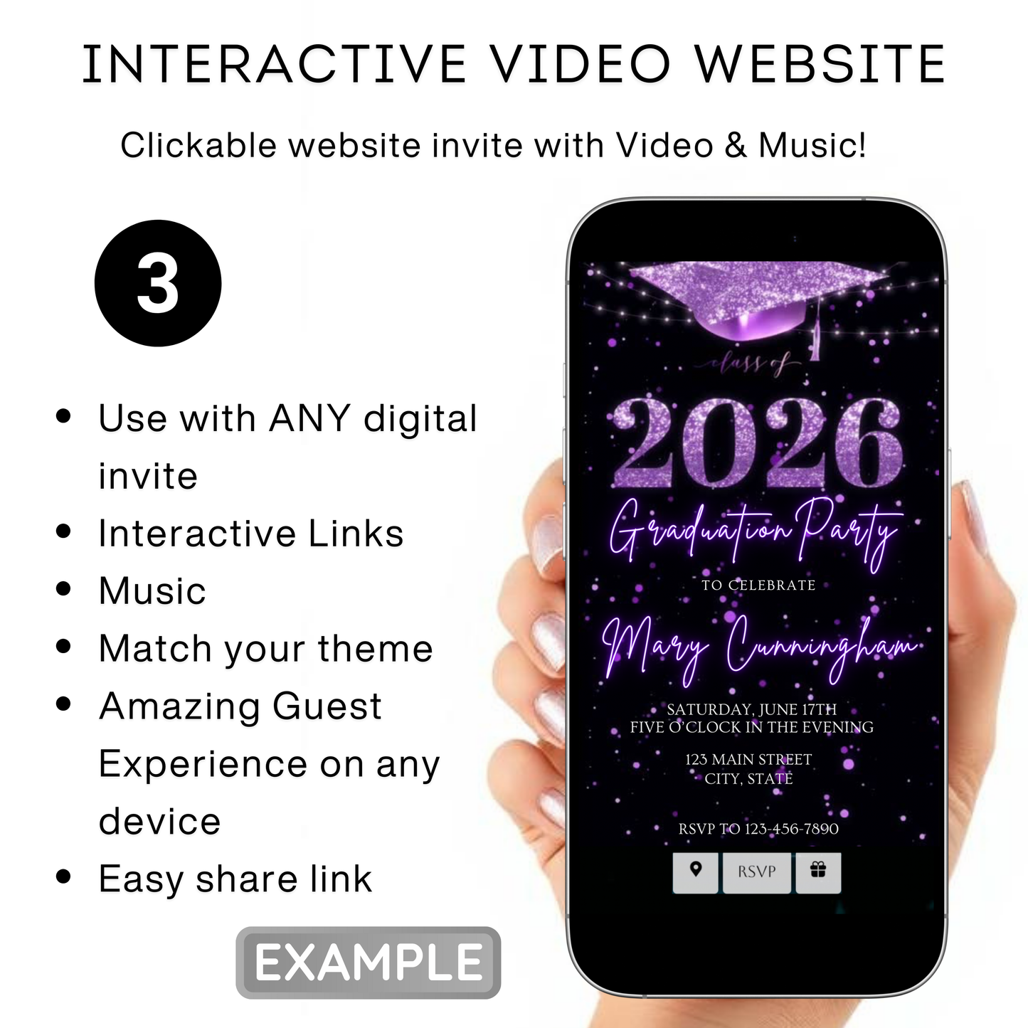 Purple Graduation Party Video Invitation | Class of 2026 Photo Invite | Editable Online RSVP Evite Canva Template