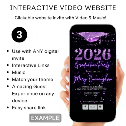 Purple Graduation Party Video Invitation | Class of 2026 Photo Invite | Editable Online RSVP Evite Canva Template