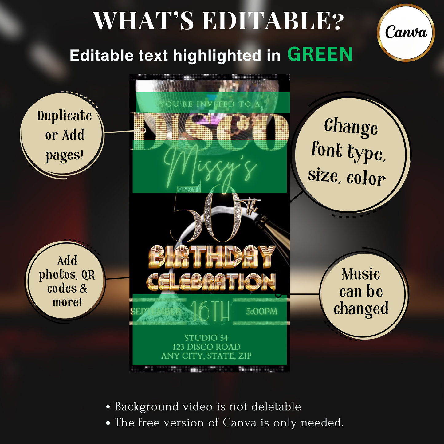 Editable Disco Video Invitation Template | Mobile Animated Invite 50th Birthday | Canva Video Evite Download