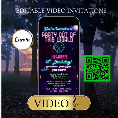 Party Out of This World Alien Birthday Invitation | Mobile Animated Alien Invite | Editable Canva Template