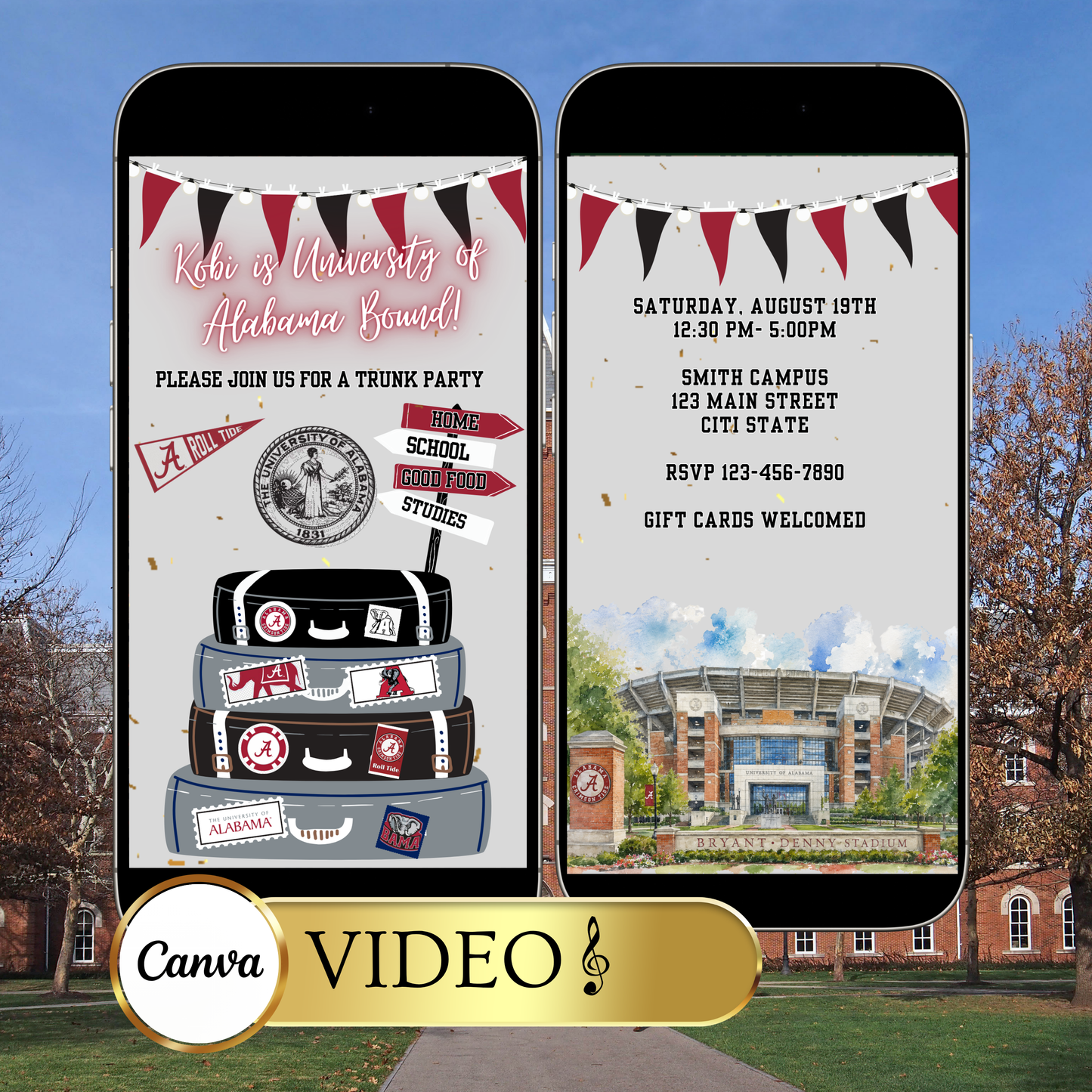 University of Alabama College Sendoff Video Invitation | Editable Trunk Party Invite | Editable Canva Template