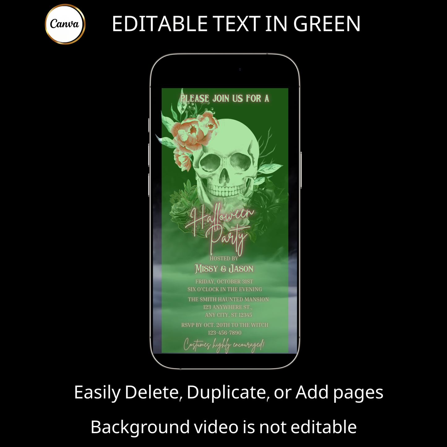 Halloween-Videoeinladung, animierte Einladung mit rosa Totenkopf, bearbeitbare mobile Einladung zur Halloween-Party