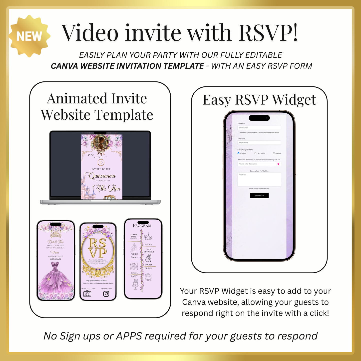 Rapunzel Quinceanera Website Invite |  Sweet 15 16 Evite RSVP Video Invitation | Canva Template