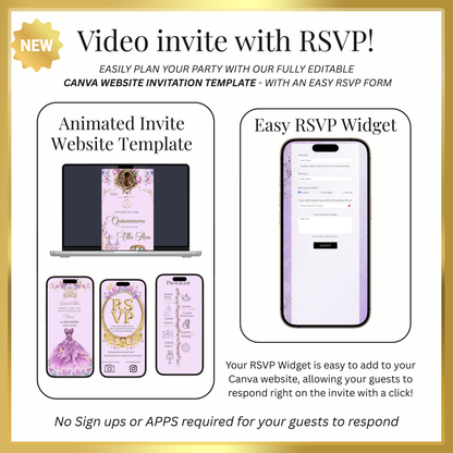 Rapunzel Quinceanera Website Invite |  Sweet 15 16 Evite RSVP Video Invitation | Canva Template