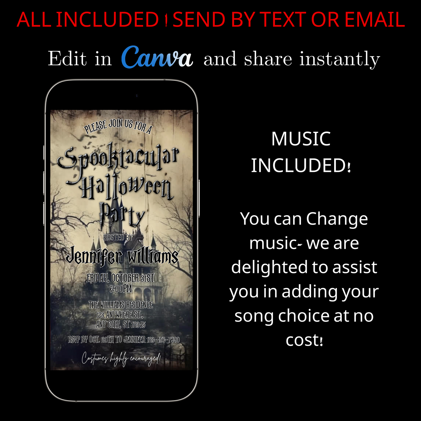 Halloween-Videoeinladung, animierte Halloween-Einladung mit Gruselmotiv, bearbeitbare mobile Einladung zur Halloween-Party
