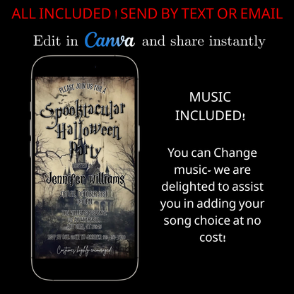 Halloween-Videoeinladung, animierte Halloween-Einladung mit Gruselmotiv, bearbeitbare mobile Einladung zur Halloween-Party