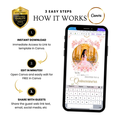 Pink Floral Quinceanera Website Invite |  Sweet 15 16 Evite RSVP Video Invitation | Canva Template