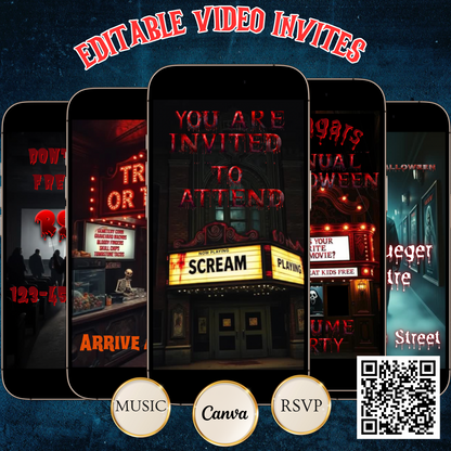 Horror Movie Theater Halloween Costume Party Video Invitation – Editable Canva Animated Invite