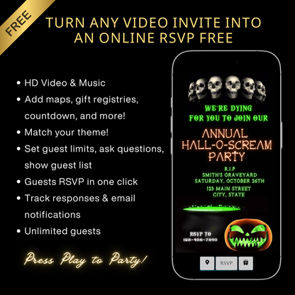 Halloween-Videoeinladung, animierte Einladung mit Totenköpfen und Skeletten, bearbeitbare mobile Einladung zur Halloween-Party