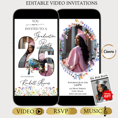 Wildflower Graduation Party Video Invitation | Spring Floral Graduation Invite for Her | Editable Online RSVP Evite Canva Template