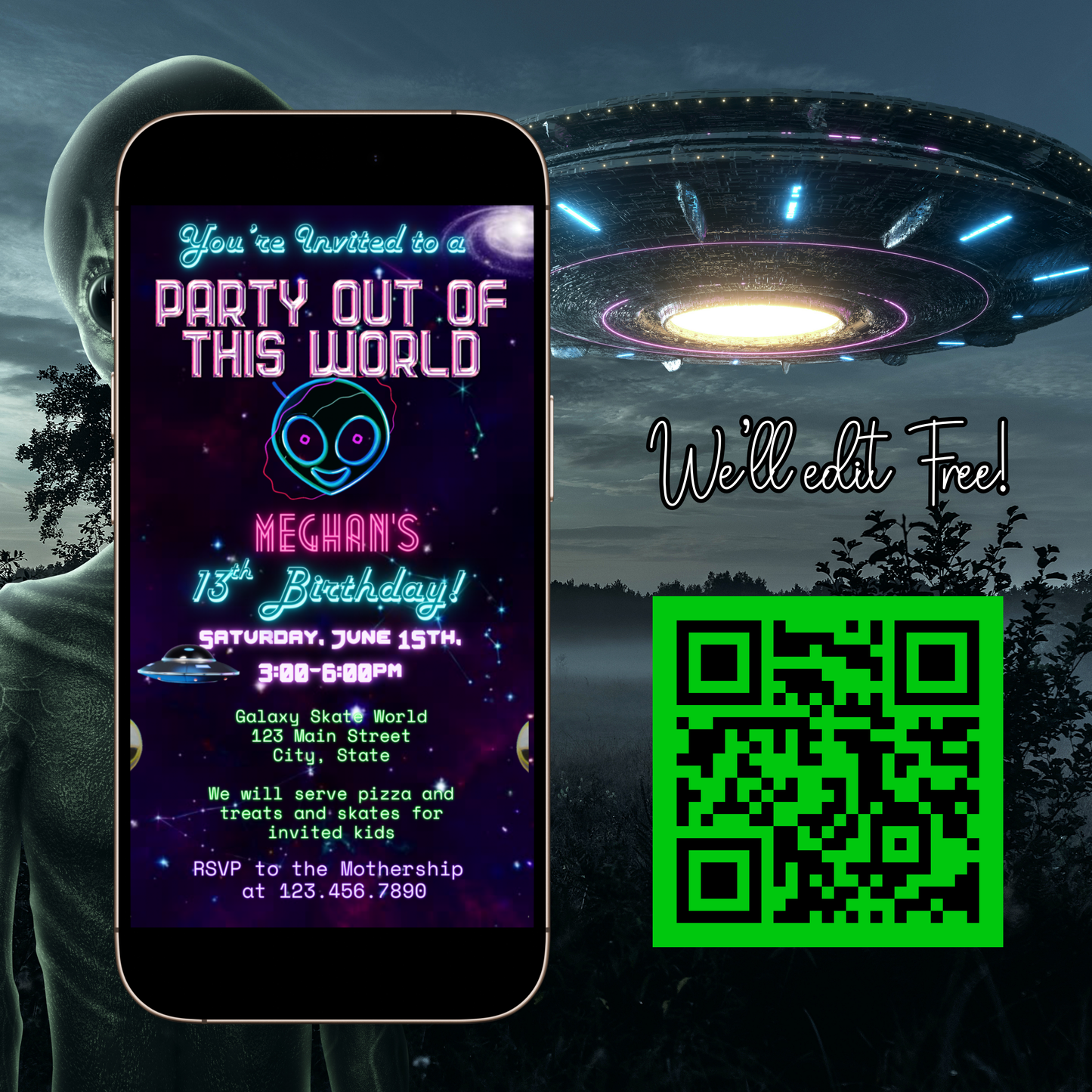 Party Out of This World Alien Birthday Invitation | Mobile Animated Alien Invite | Editable Canva Template