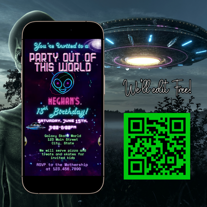 Party Out of This World Alien Birthday Invitation | Mobile Animated Alien Invite | Editable Canva Template