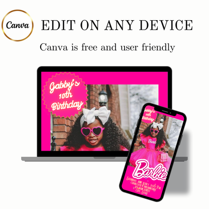 Editable Barbie Video Invitation | Animated Pink Barbie Digital Evite | Editable Canva Invite Template