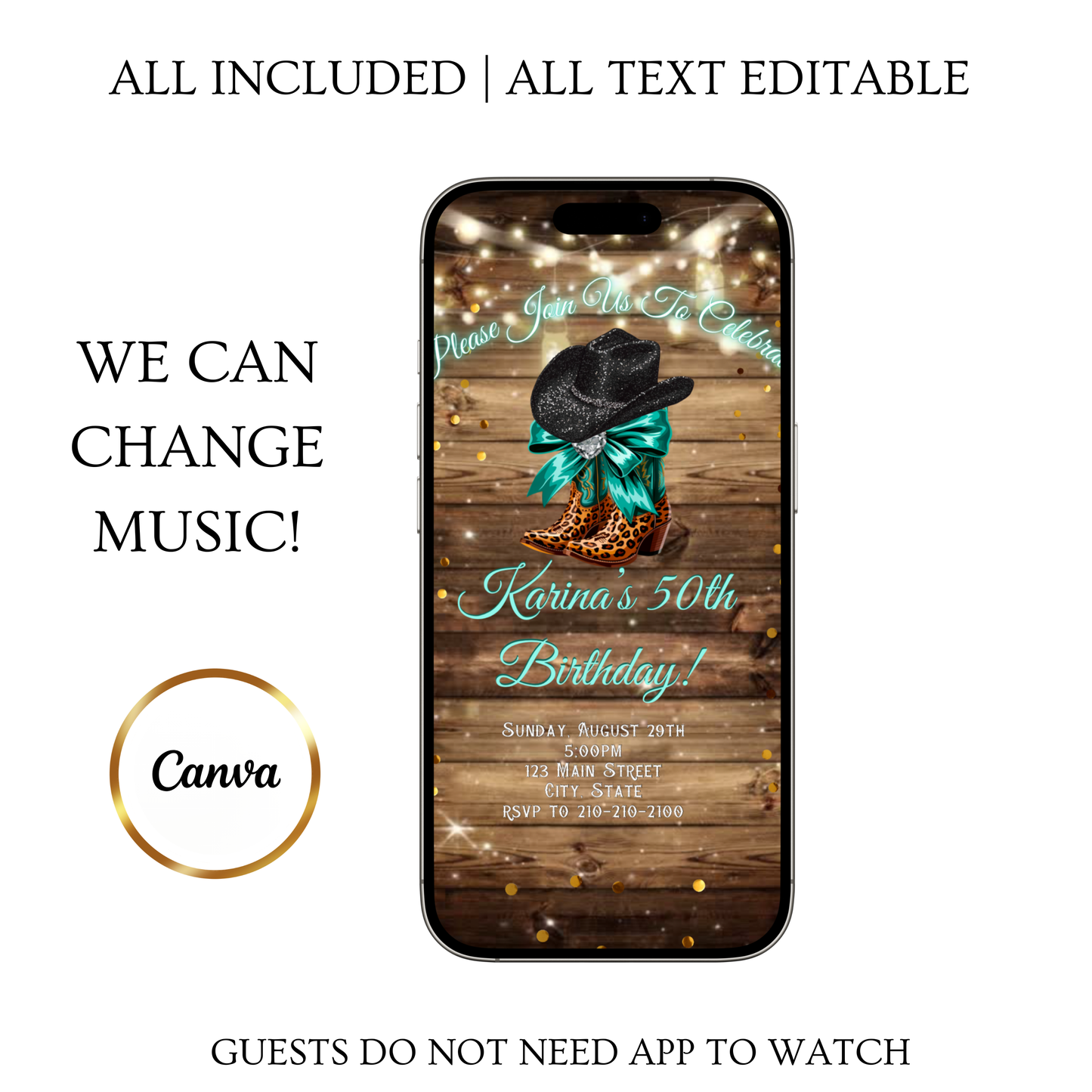 Turquoise Boots and Bling Video Invitation | Rustic Western Theme Digital Evite | Editable Canva Template