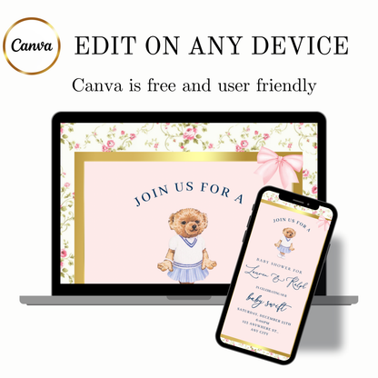 Pink Polo Bear Video Invitation | Digital Preppy Pink Spring RSVP Tracker Invite | Editable Canva Template