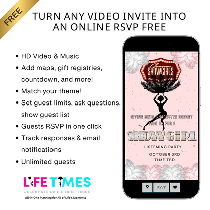 Showgirls Video Invitation | Animated Las Vegas Showgirl Digital Evite | Editable Canva Invite Template