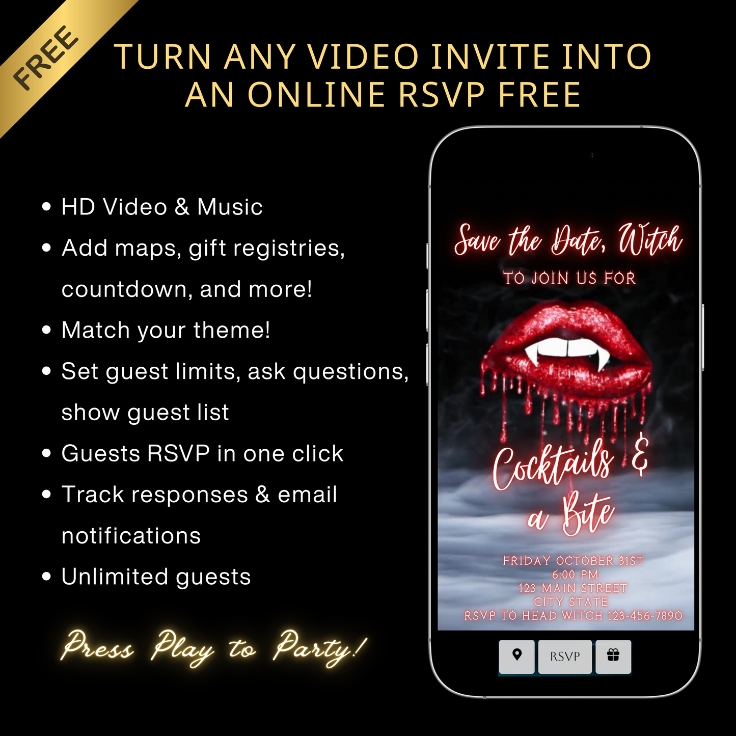 Halloween-Videoeinladung, animierte Einladung mit Vampirlippen, bearbeitbare mobile Halloween-Party-Einladung