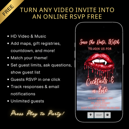 Halloween-Videoeinladung, animierte Einladung mit Vampirlippen, bearbeitbare mobile Halloween-Party-Einladung