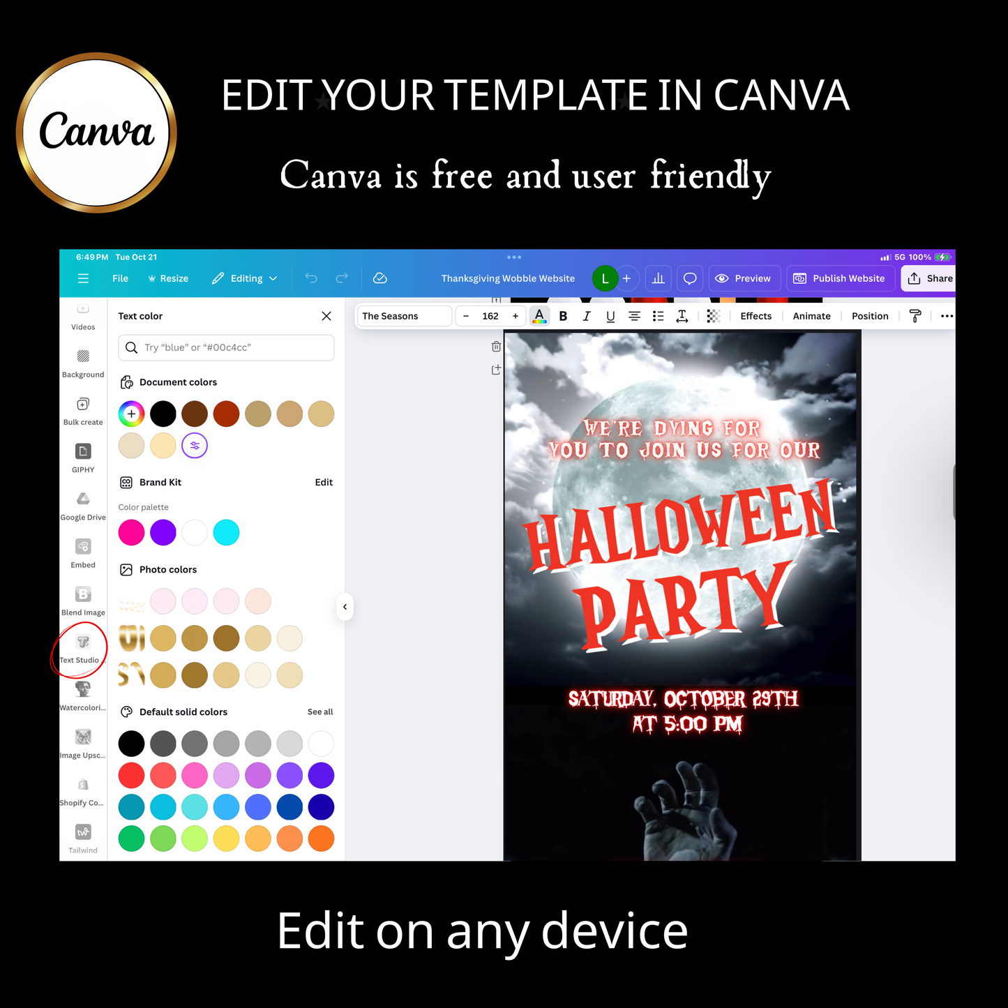 Halloween-Videoeinladung, animierte Einladung mit der Hand aus dem Grab, bearbeitbare mobile Einladung zur Halloween-Party