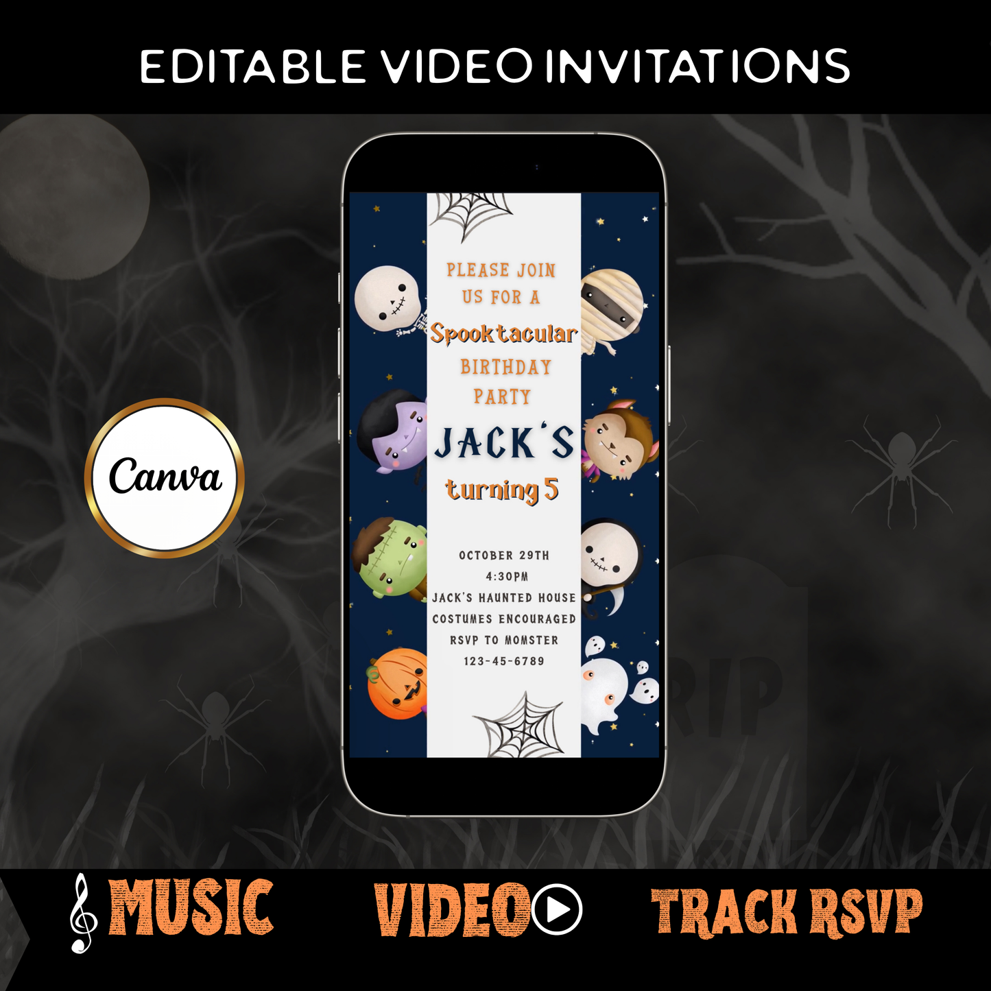 Halloween-Videoeinladung, animierte Einladung „Kleine Monster“, bearbeitbare mobile Halloween-Party-Einladung