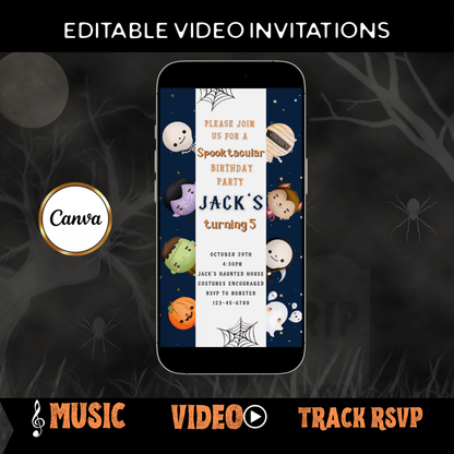 Halloween-Videoeinladung, animierte Einladung „Kleine Monster“, bearbeitbare mobile Halloween-Party-Einladung