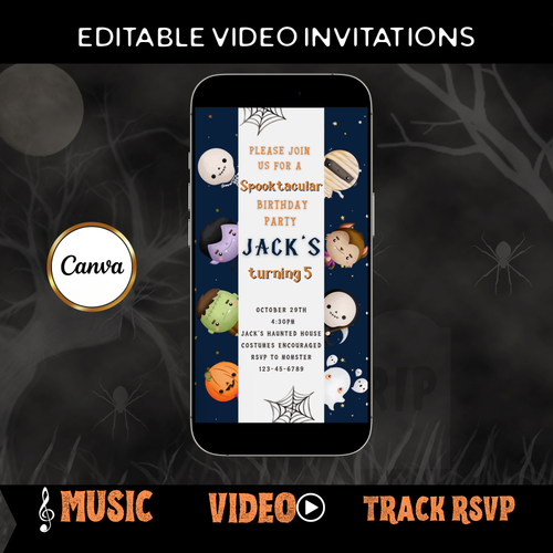 Halloween-Videoeinladung, animierte Einladung „Kleine Monster“, bearbeitbare mobile Halloween-Party-Einladung