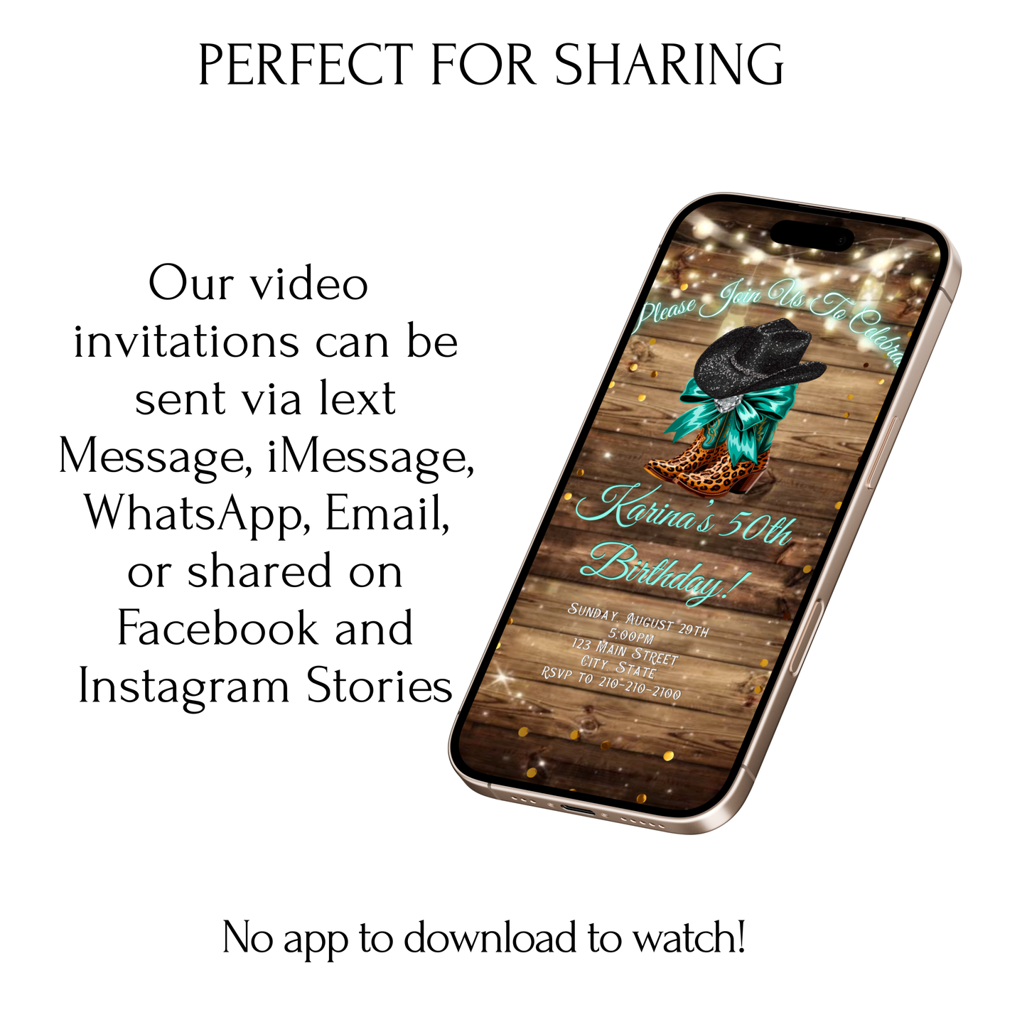 Turquoise Boots and Bling Video Invitation | Rustic Western Theme Digital Evite | Editable Canva Template