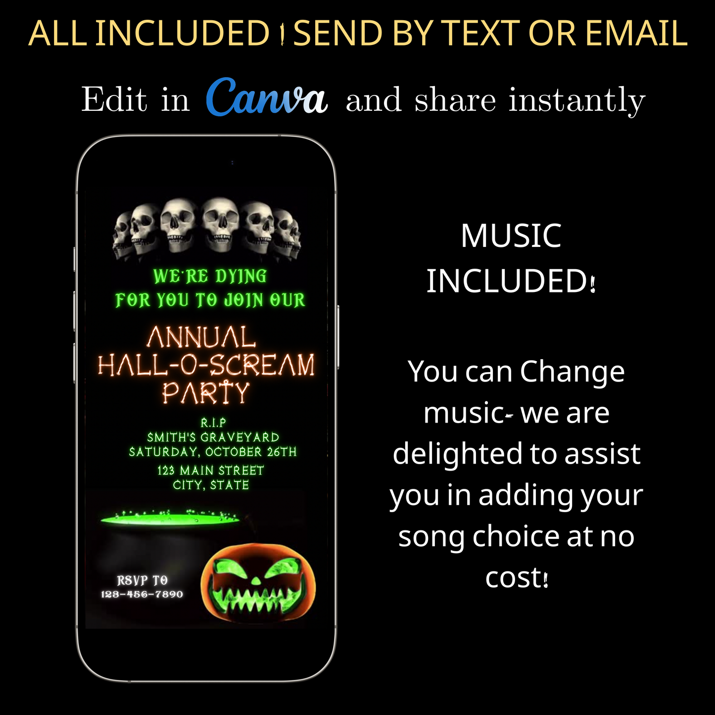 Halloween-Videoeinladung, animierte Einladung mit Totenköpfen und Skeletten, bearbeitbare mobile Einladung zur Halloween-Party