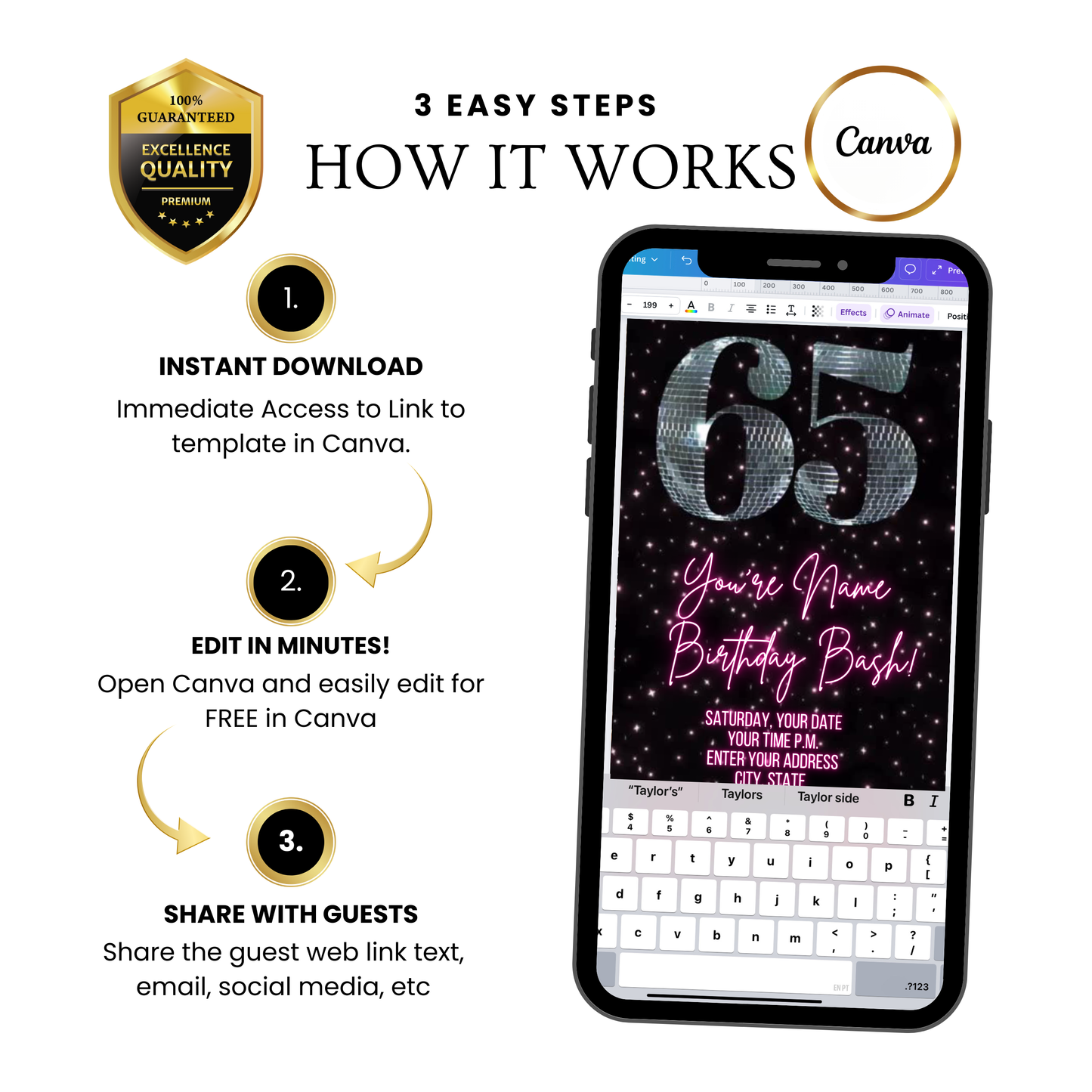 65th Birthday Disco Video Invitation | Digital Retro Party Invite | Editable Canva Template