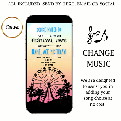 Editable Coachella Video Invitation | Mobile Music Festival Birthday Animated Invite | Canva Video Evite Template