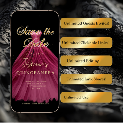 Maroon Quinceanera Video Invite | Sweet 15 16 Quince RSVP Tracker | Editable Canva Evite Template