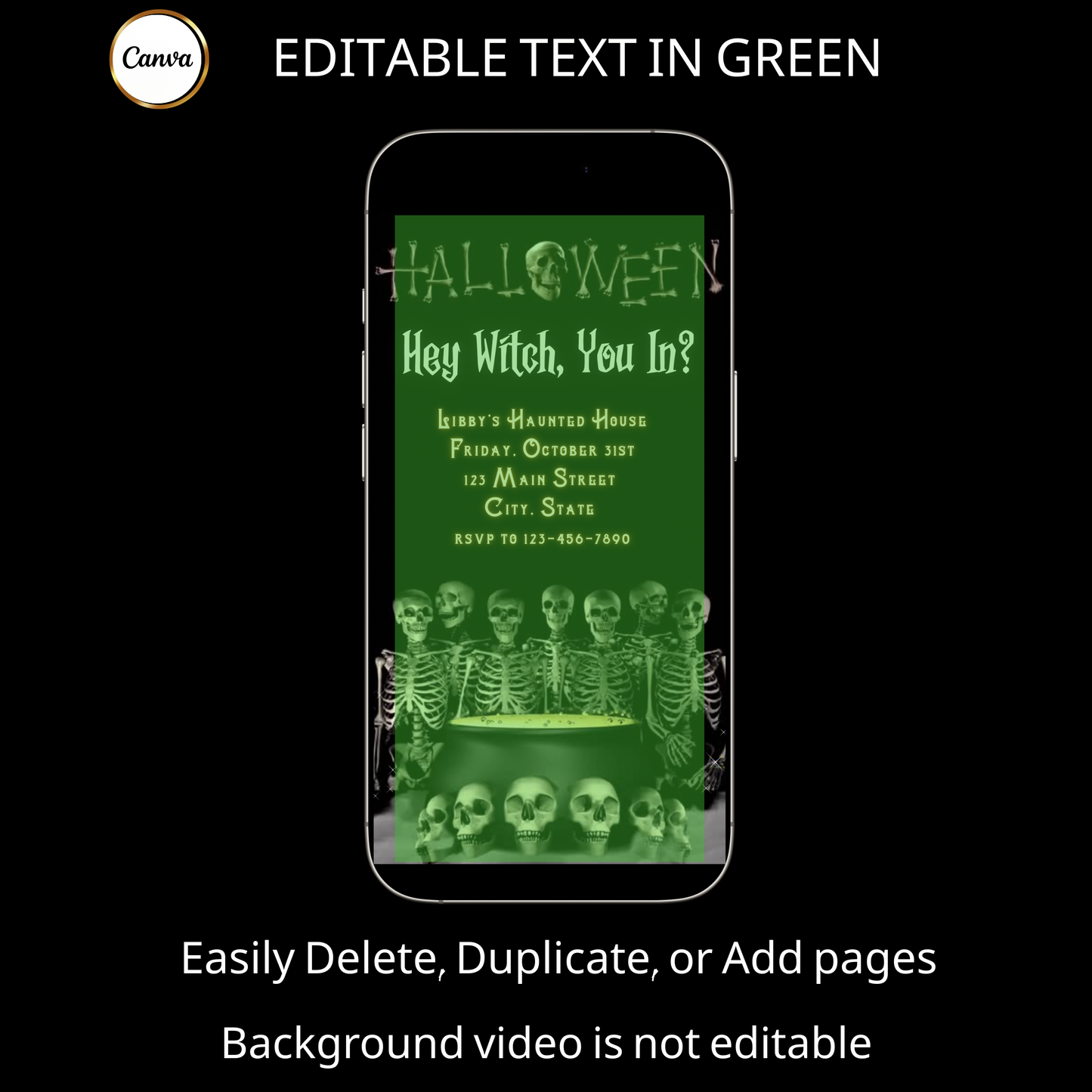 Halloween-Videoeinladung, animierte Einladung mit Skelettmotiven, bearbeitbare mobile Einladung zur Halloween-Party