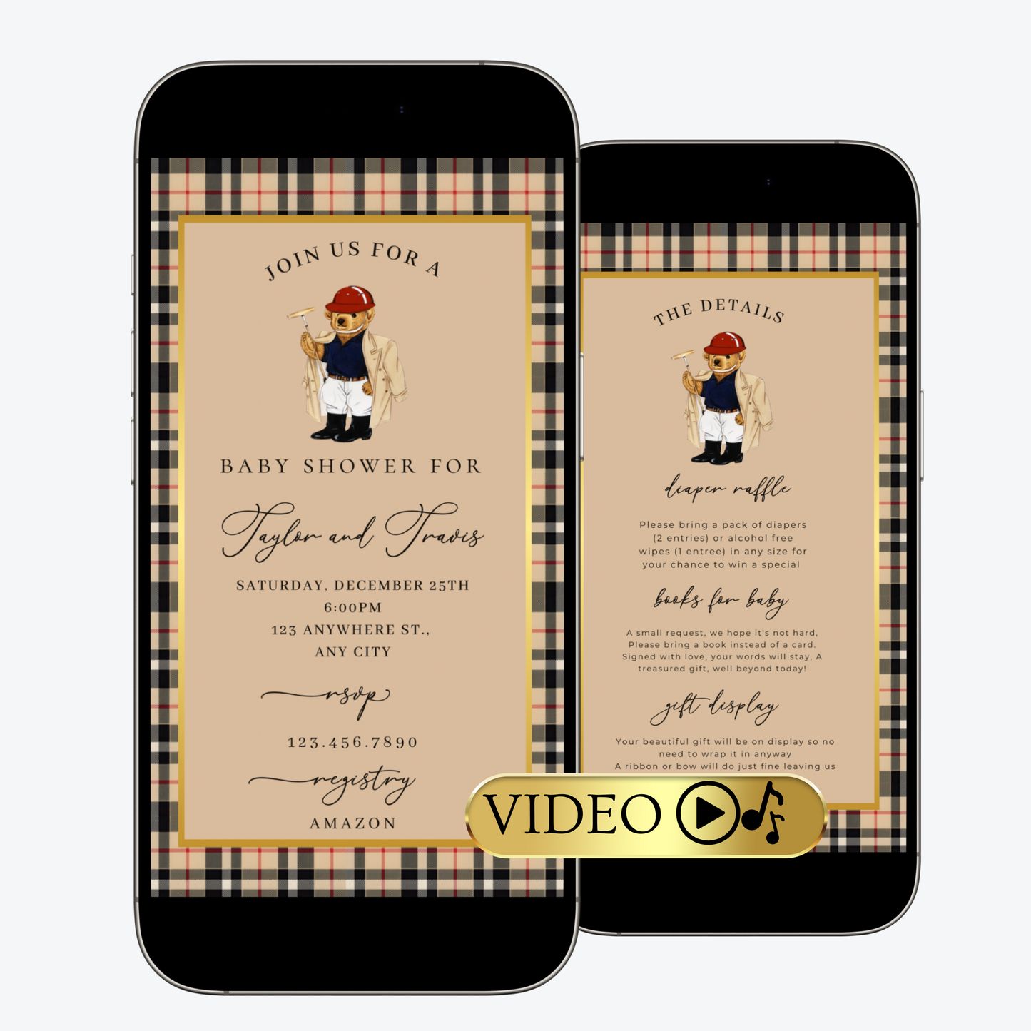 Polo Bear Baby Shower Video Invitation | Digital Burberry Plaid Invite | Editable Canva Template