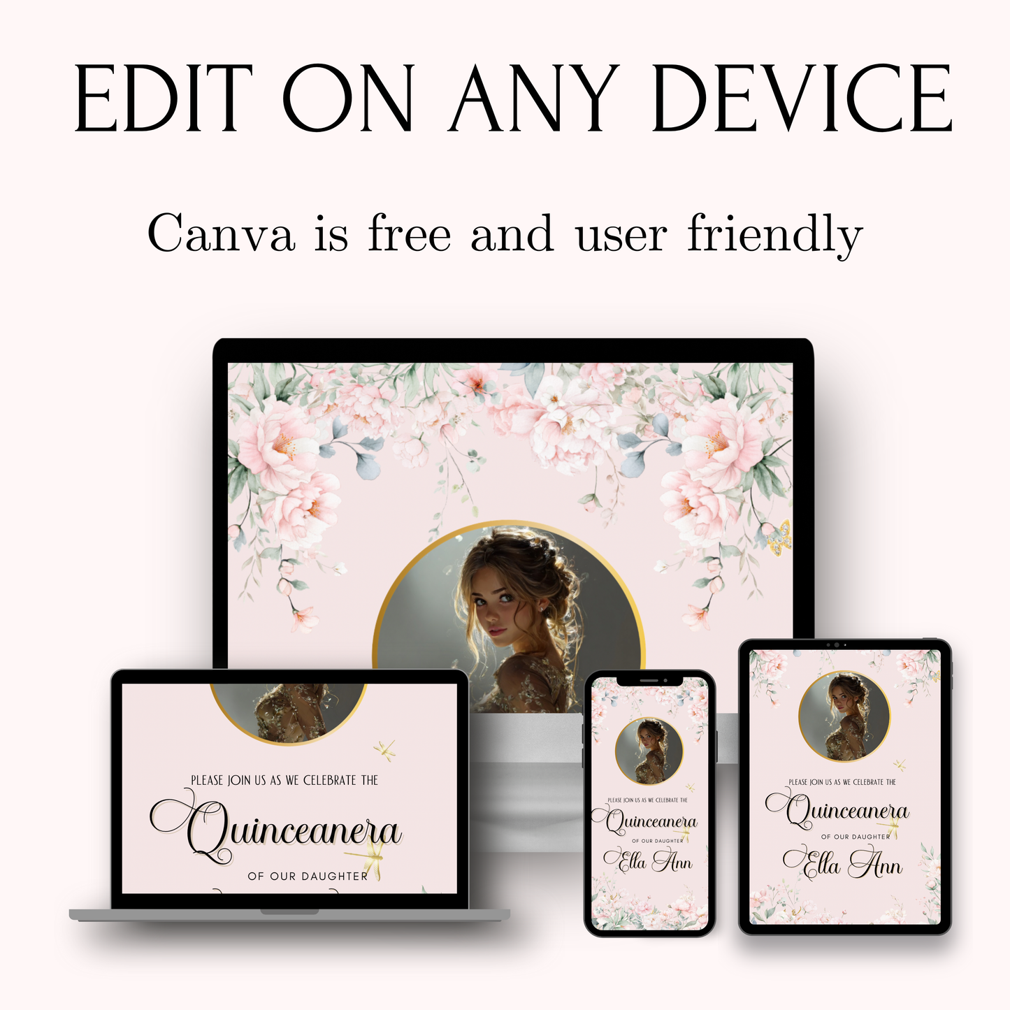 Pink Quinceanera Video Invite | Animated Sweet 15 Quince Invite | Editable Canva Evite Template