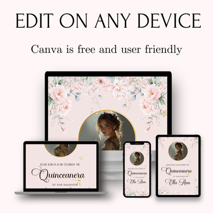 Pink Quinceanera Video Invite | Animated Sweet 15 Quince Invite | Editable Canva Evite Template