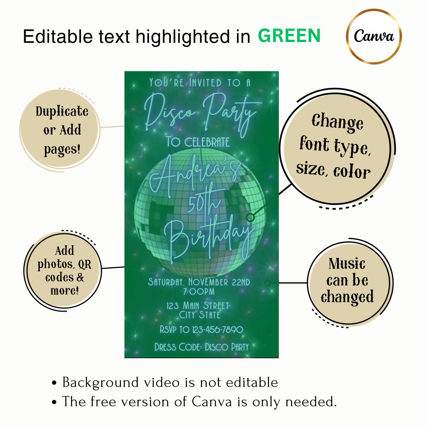 Editable Disco Party Video Invitation | 70s Retro Party Invite | Editable Canva Template Template