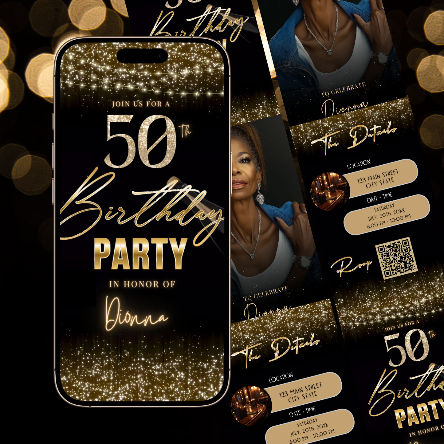 Videoeinladung zum 50. Geburtstag | Elegante digitale Champagner-Einladung (animiert) | Bearbeitbare Canva-Vorlage