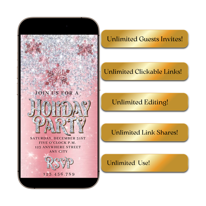 Christmas Party Video Invitation | Animated Pink Holiday Party Digital Evite | Editable Canva Invite Template