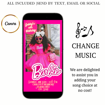 Editable Barbie Video Invitation | Animated Pink Barbie Digital Evite | Editable Canva Invite Template