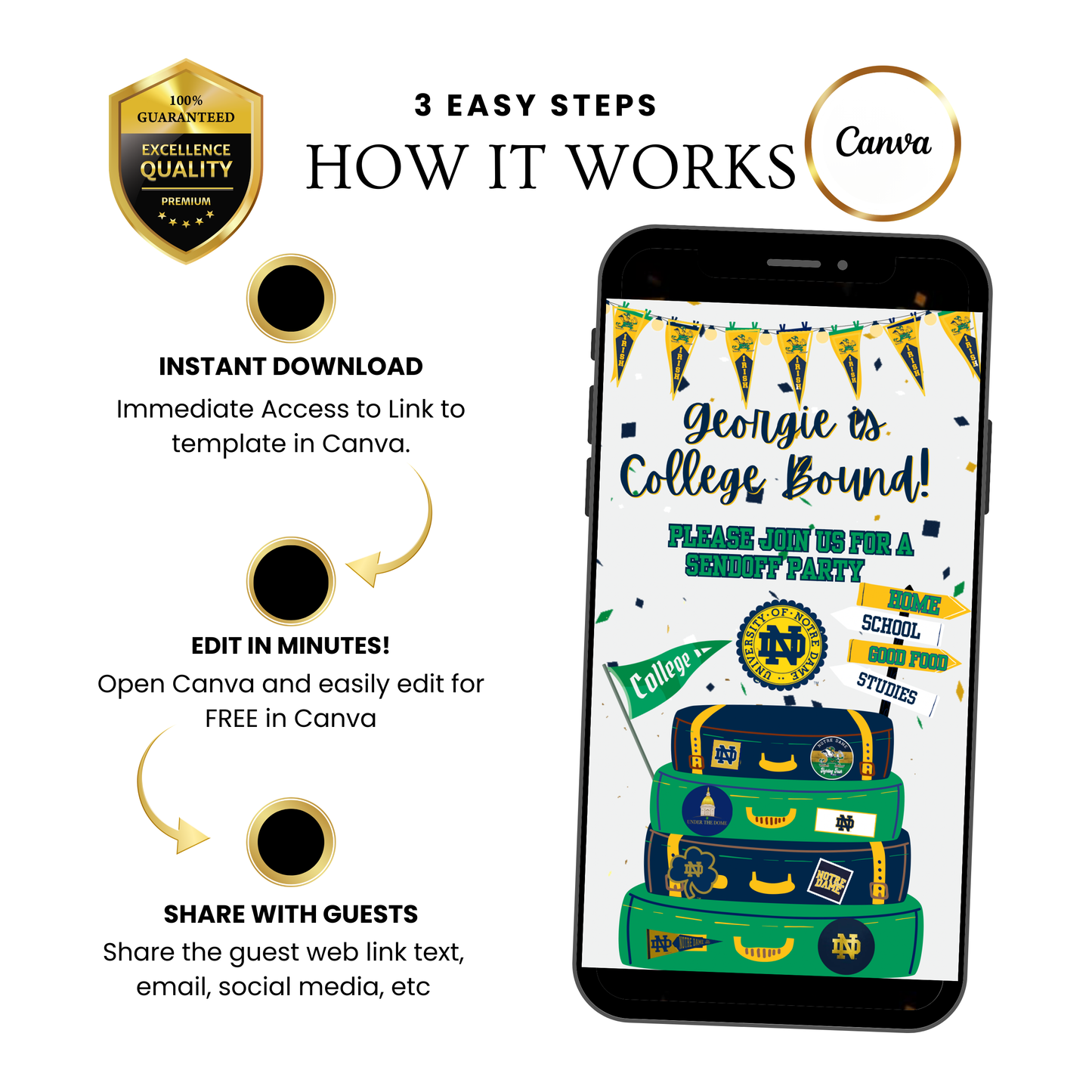 Bearbeitbare Videoeinladung zum Abschied vom Notre Dame College | Fighting Irish Party | E-Einladung zur Abschlussfeier der University of Notre Dame