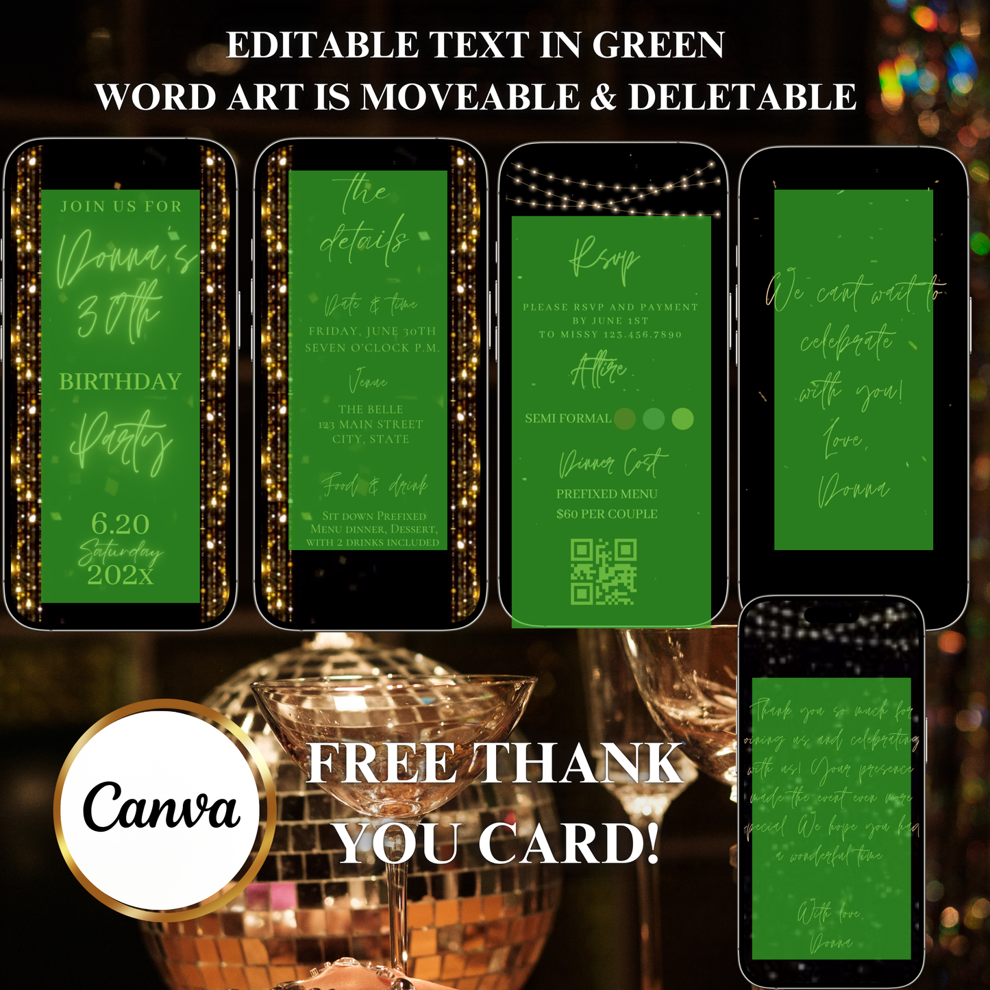 Gold Birthday Dinner Video Invitation | Digital Luxe Birthday Mobile Invite | Editable Animated Gold Glitter