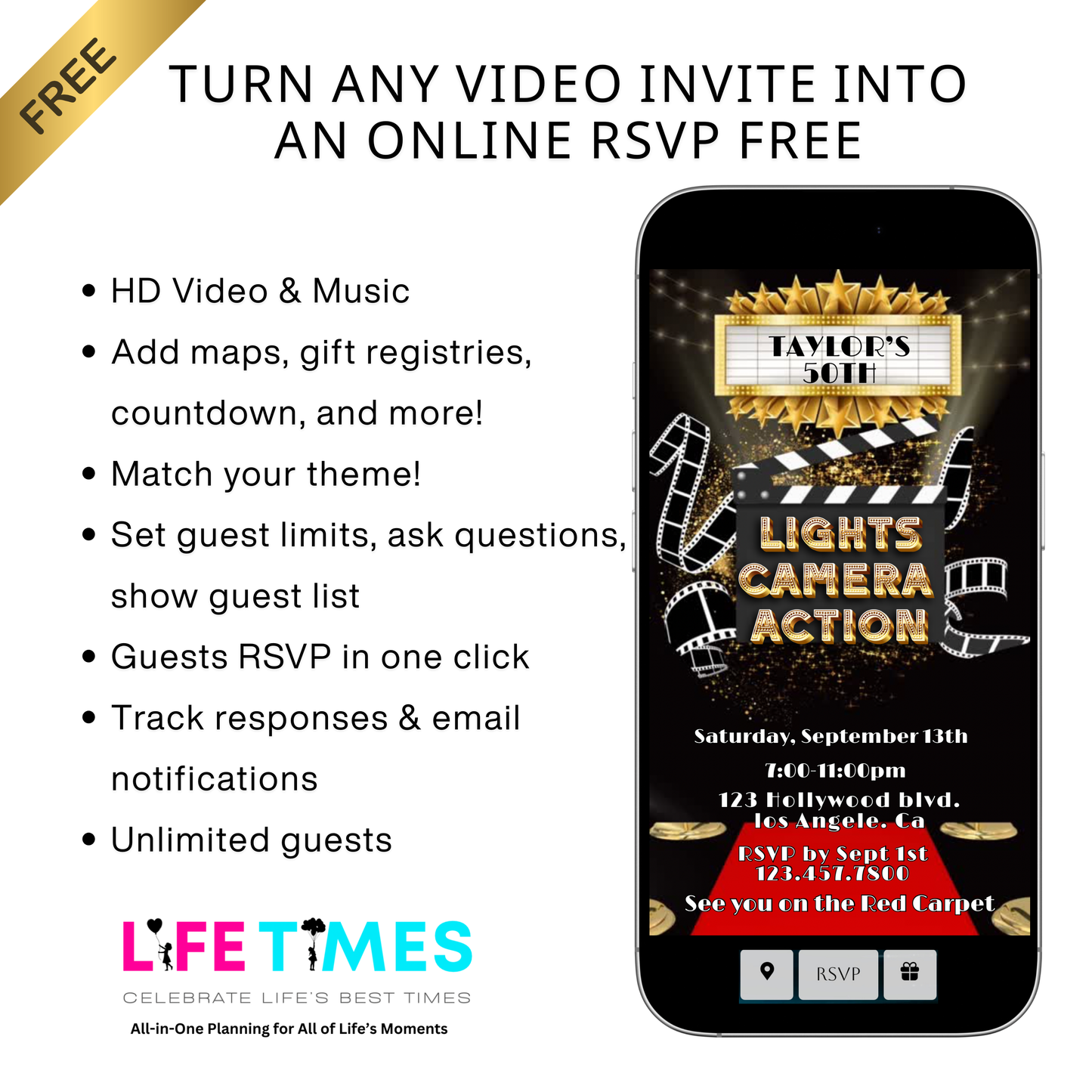 Videoeinladung zum Hollywood-Roten-Teppich-Event | Einladung zur Filmabendparty | Digitale, bearbeitbare Vorlage