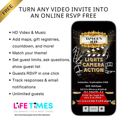 Videoeinladung zum Hollywood-Roten-Teppich-Event | Einladung zur Filmabendparty | Digitale, bearbeitbare Vorlage