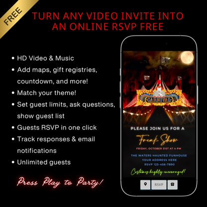 Halloween-Videoeinladung, animierte Karnevalseinladung, bearbeitbare mobile Halloween-Partyeinladung