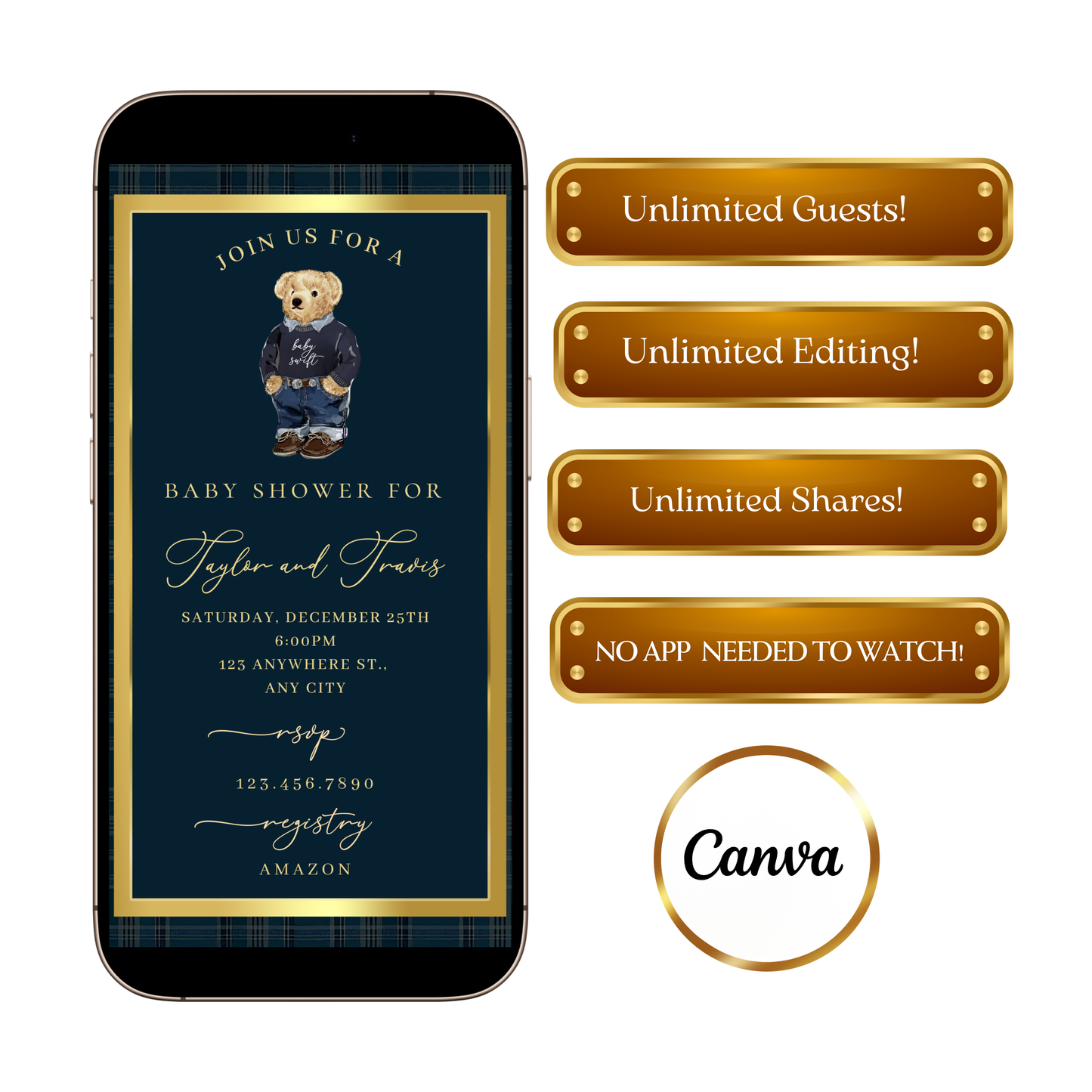 Polo Bear Baby Shower Video Invitation | Digital Preppy Plaid Invite | Editable Canva Template