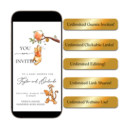 Classic Winnie the Pooh Baby Shower Invite Website with Music and RSVP | Pooh Bear Baby Shower Interactive SMS RSVP