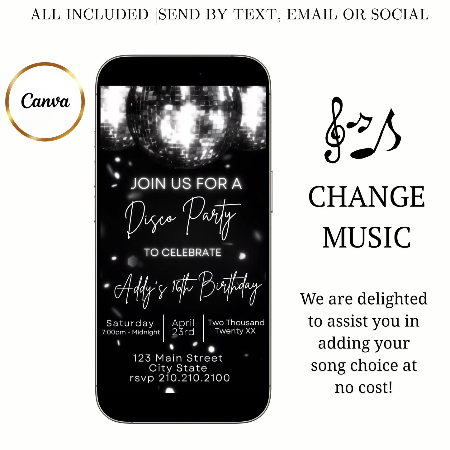 Video-Einladung zur Disco-Ära | Digitale Disco-Einladung für Mobilgeräte | Online-Vorlage zum Bearbeiten