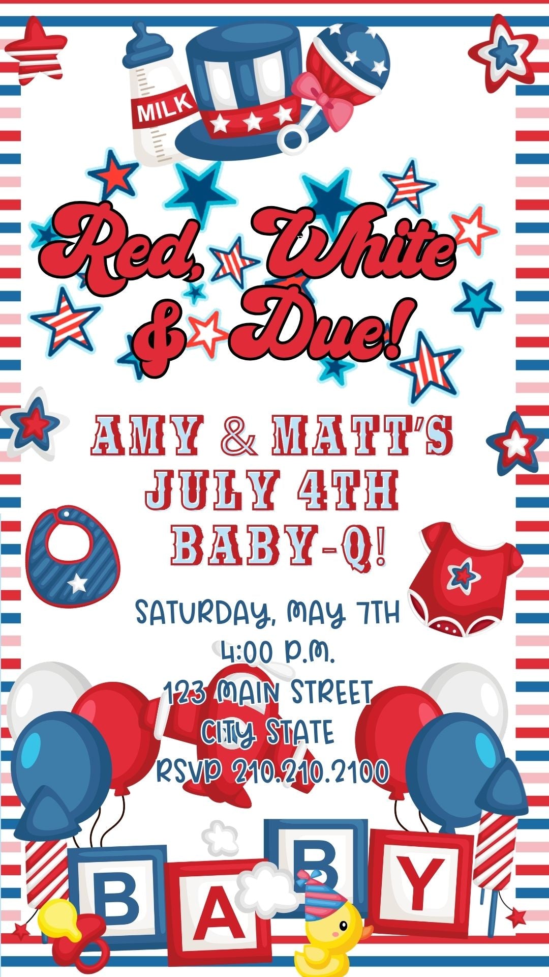 Editable red white blue 4th of july baby shower baby shower video invitation displayed on a mobile phone, featuring an animated vertical digital invite with music, created in Canva. This premium video invitation template is designed for sharing by text, email, and social media and works with an interactive RSVP website for easy guest response tracking.