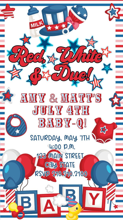 Editable red white blue 4th of july baby shower baby shower video invitation displayed on a mobile phone, featuring an animated vertical digital invite with music, created in Canva. This premium video invitation template is designed for sharing by text, email, and social media and works with an interactive RSVP website for easy guest response tracking.